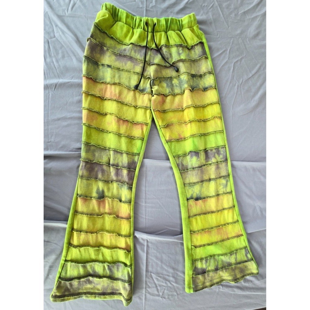 Green Tie Dye Made in Napal Cotton Patch Work Flare Cropped Pants Drawstring